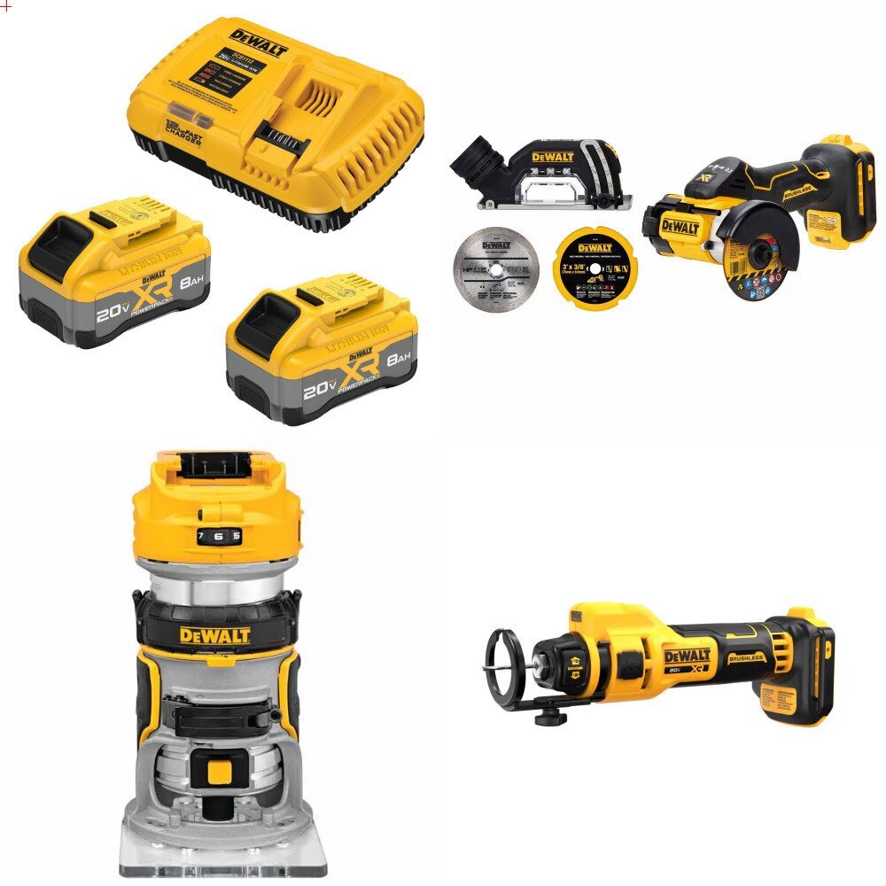 DeWalt DCB2108-2C 20V XR 8Ah Starter Kit W/ FREE DCS438B Cut-Off, DCW600B Router and DCE555B Cut-Out