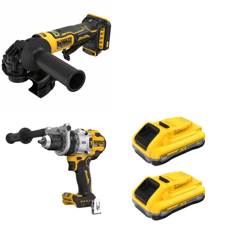 DeWalt DCB2104-2 POWERPACK 4Ah 2-Pack W/ DCD1007B Hammer Drill and DCG402B ATOMIC Angle Grinder