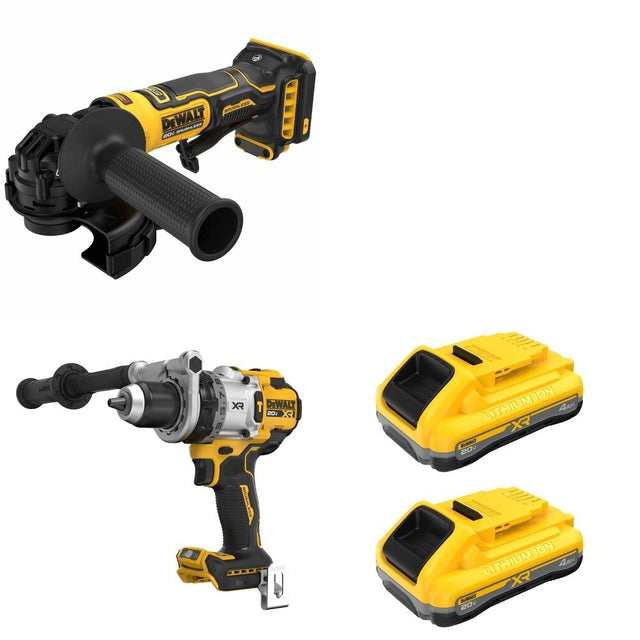 DeWalt DCB2104-2 POWERPACK 4Ah 2-Pack W/ DCD1007B Hammer Drill and DCG402B ATOMIC Angle Grinder