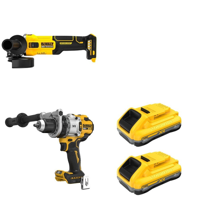 DeWalt DCB2104-2 POWERPACK 4Ah 2-Pack W/ DCD1007B Hammer Drill and DCG407B Slide-Switch Grinder
