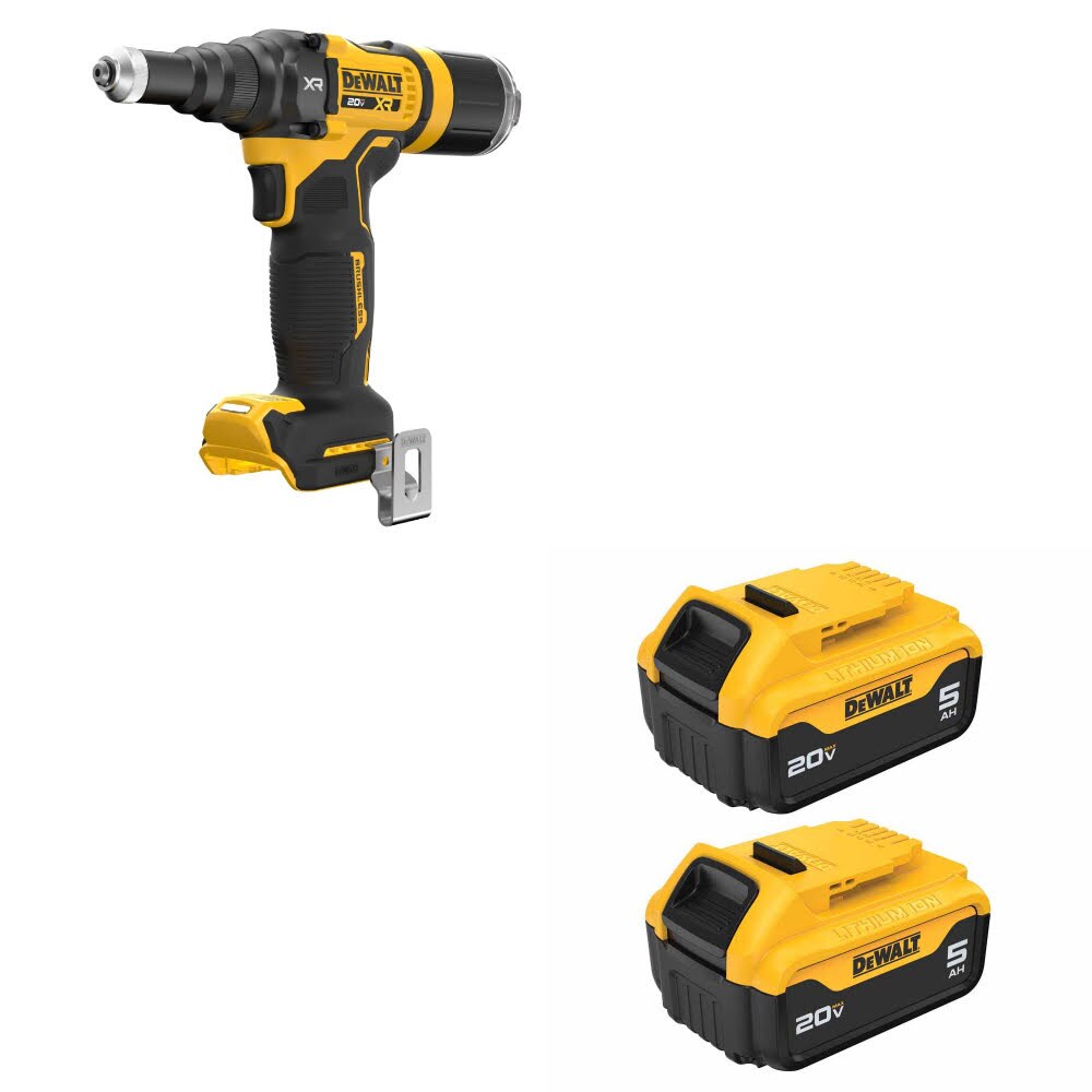 DeWalt DCF403B 20V MAX XR 3/16" Rivet Tool W/ DCB205-2 20V MAX 5Ah Battery, 2Pk