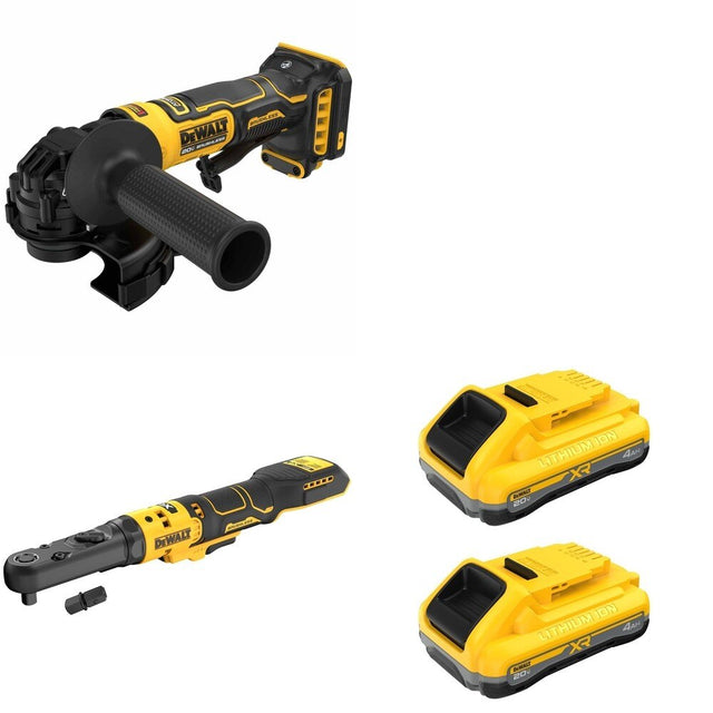 DeWalt DCF510B Sealed Head Ratchet W/ DCB2104-2 POWERPACK 4Ah 2-Pack and DCG402B Angle Grinder