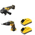 DeWalt DCG410B Angle Grinder W/ DCB2104-2 POWERPACK 4Ah 2-Pack and DCF630B Drywall Screwgun