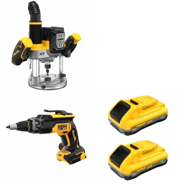 DeWalt DCW620B Plunge Router W/ DCB2104-2 POWERPACK 4Ah 2-Pack and DCF630B Drywall Screwgun