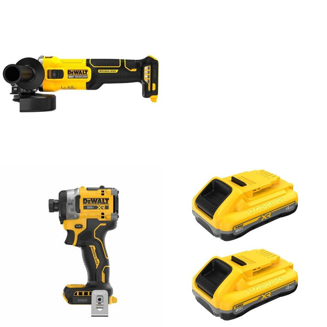 DeWalt DCB2104-2 POWERPACK 4Ah 2-Pack W/ DCF860B Impact Driver and DCG407B Slide-Switch Grinder