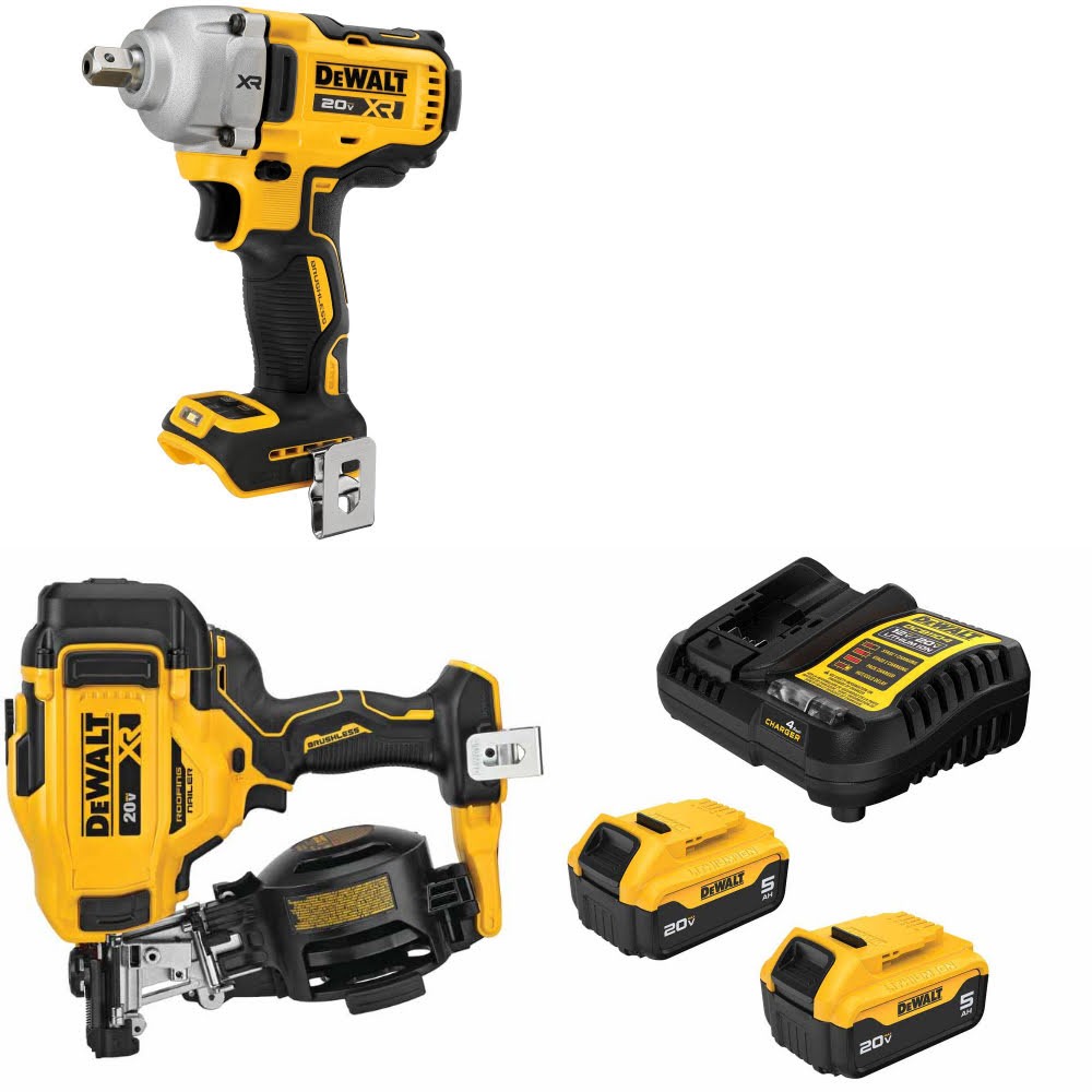 DeWalt DCF892B 20V MAX Impact Wrench Kit W/ DCN45RNB Roofing Nailer and FREE DCB205-2C Battery Kit