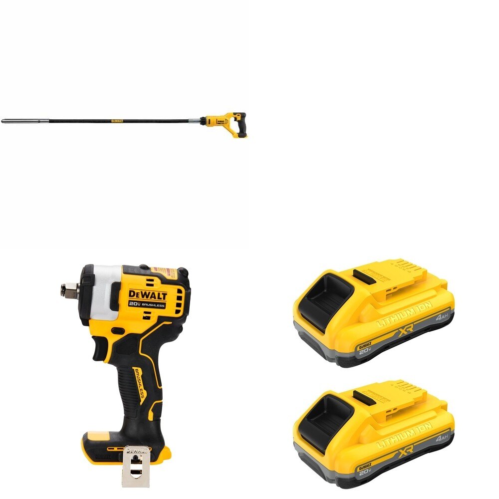 DeWalt DCE531B Concrete Vibrator W/ DCB2104-2 POWERPACK 4Ah 2-Pack and DCF911B Impact Wrench
