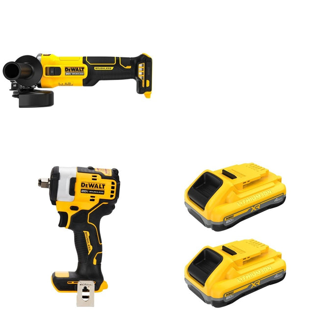 DeWalt DCB2104-2 POWERPACK 4Ah 2-Pack W/ DCG407B Slide-Switch Grinder and DCF911B Impact Wrench