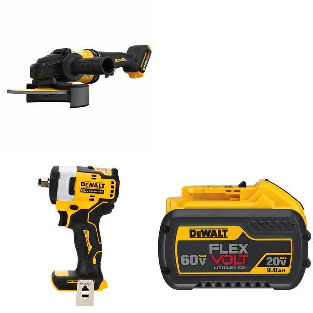 DeWalt DCG440B 60V MAX 7 in. Grinder W/ DCB609 FLEXVOLT 9.0Ah Battery and DCF911B Impact Wrench