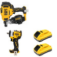 DeWalt DCN45RNB Roofing Nailer W/ DCB2104-2 POWERPACK 4Ah 2-Pack and DCF911B Impact Wrench