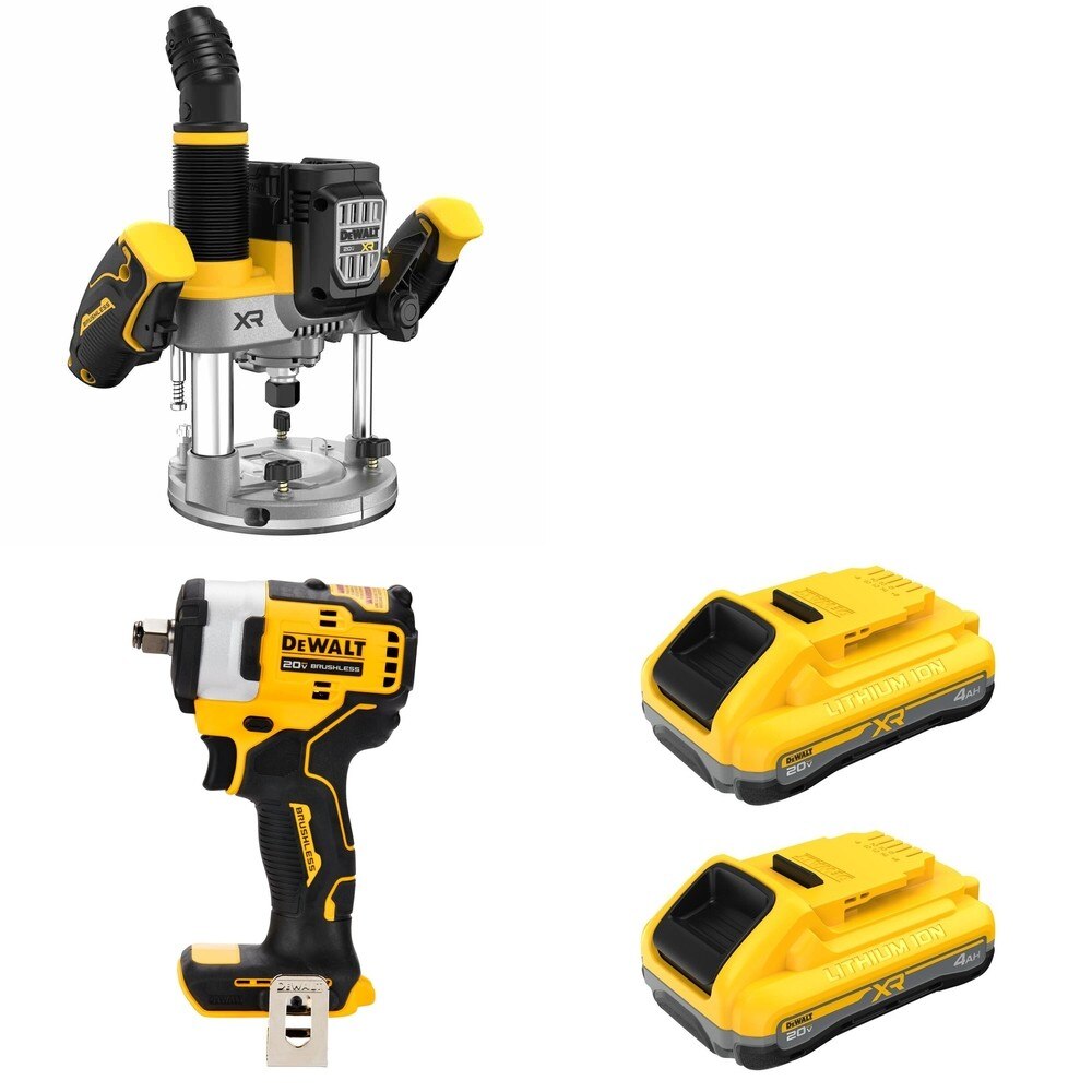 DeWalt DCW620B Plunge Router W/ DCB2104-2 POWERPACK 4Ah 2-Pack and DCF911B Impact Wrench