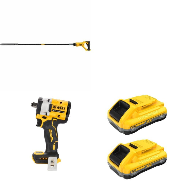 DeWalt DCE531B Concrete Vibrator W/ DCB2104-2 POWERPACK 4Ah 2-Pack and DCF921B Impact Wrench