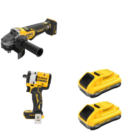 DeWalt DCG410B Angle Grinder W/ DCB2104-2 POWERPACK 4Ah 2-Pack and DCF921B ATOMIC Impact Wrench
