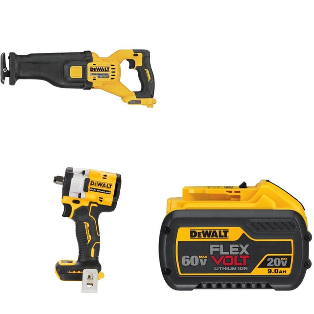 DeWalt DCS389B 60V MAX Reciprocating Saw W/ DCF921B Impact Wrench and DCB609 9.0Ah Battery