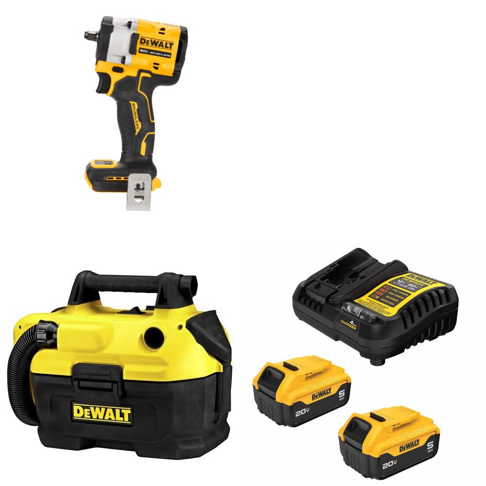 DeWalt DCF923B Impact Wrench Kit W/ DCV580H Wet Dry Vacuum and FREE DCB205-2C Battery Kit