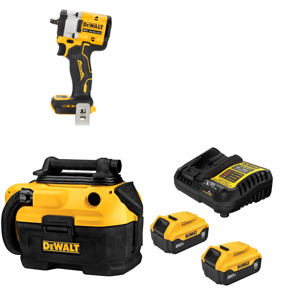 DeWalt DCF923B 20V MAX Impact Wrench Kit W/ DCV581H Wet-Dry Vacuum and FREE DCB205-2C Battery Kit