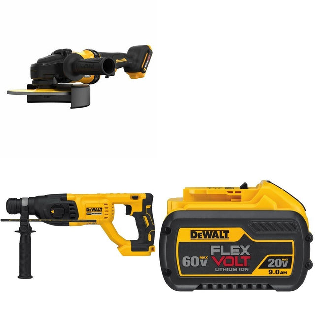DeWalt DCG440B 60V MAX 7 in. Grinder W/ DCB609 9.0Ah Battery and DCH133B D-Handle Rotary Hammer
