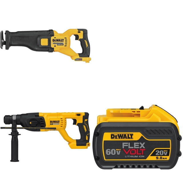 DeWalt DCS389B 60V Recip Saw W/ DCB609 9.0Ah Battery and DCH133B D-Handle Rotary Hammer
