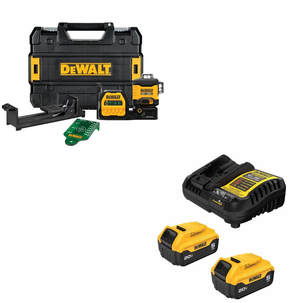 DeWalt DCLE34030G 20V/12V 3x360 Laser Kit W/ DCB205-2C 20V MAX 5Ah Battery Kit