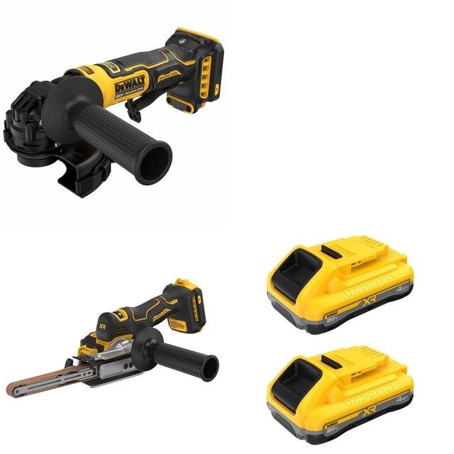 DeWalt DCB2104-2 POWERPACK 4Ah 2-Pack W/ DCM200B Bandfile Sander and DCG402B Angle Grinder