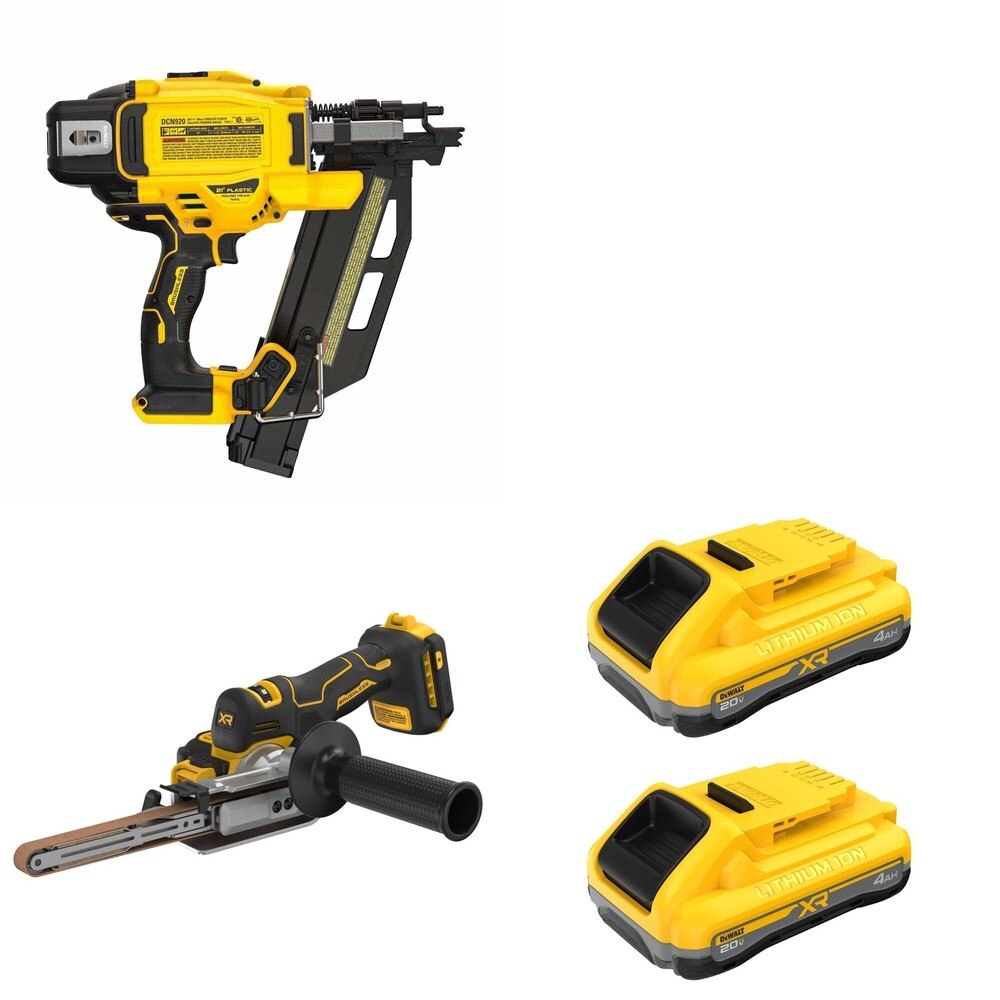 DeWalt DCN920B 20V MAX XR 21-Degree Framing Nailer W/ DCB2104-2 and DCM200B Bandfile Sander