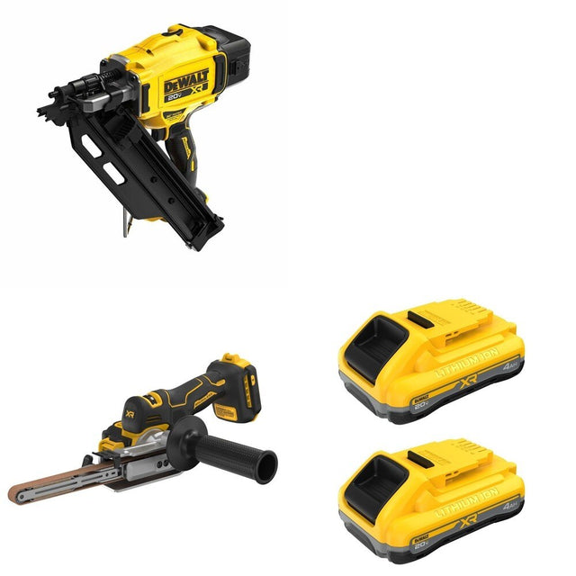 DeWalt DCN930B 20V MAX XR 30-Degree Framing Nailer W/ DCB2104-2 and DCM200B Bandfile Sander