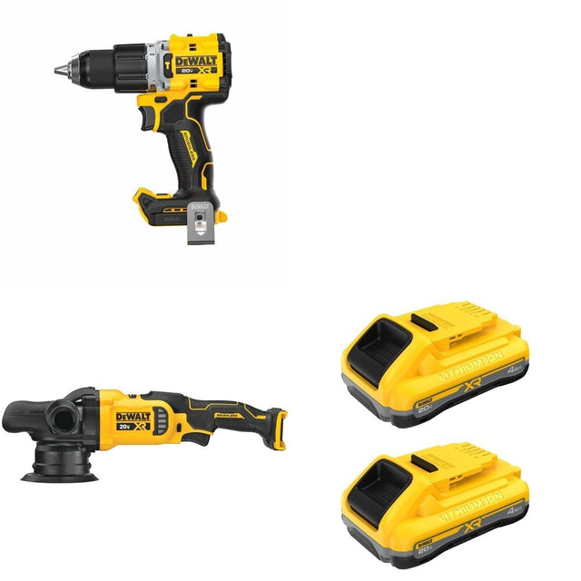 DeWalt DCM848B Random Orbit Polisher W/ DCB2104-2 POWERPACK 4Ah 2-Pack and DCD806B Hammer Drill