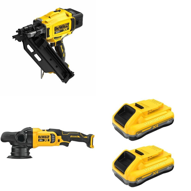 DeWalt DCN930B 30-Degree Framing Nailer W/ DCM848B Random Orbit Polisher and DCB2104-2