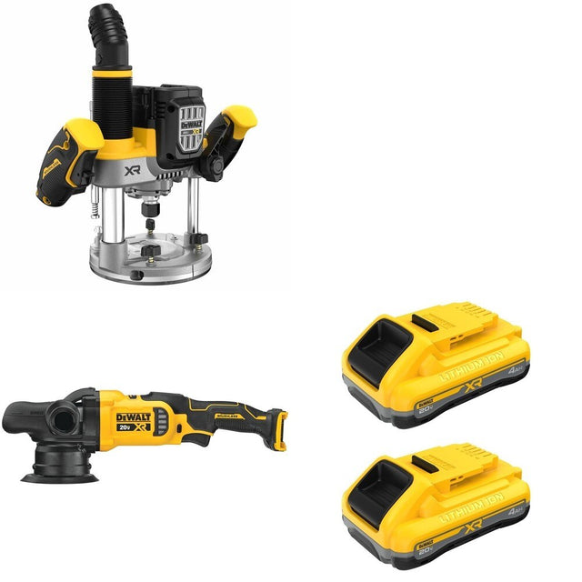 DeWalt DCW620B 20V MAX XR 2-1/4 HP Plunge Router W/ DCM848B Random Orbit Polisher and DCB2104-2