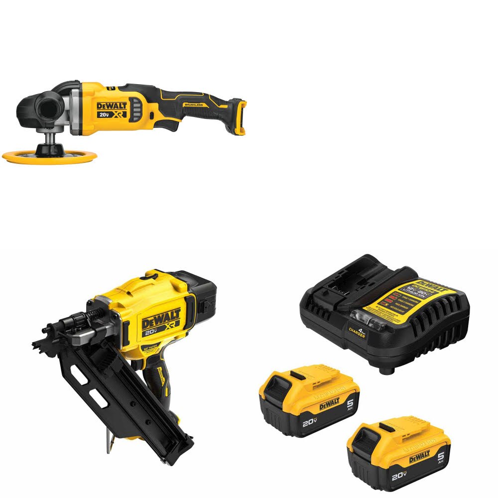 DeWalt DCM849B 20V MAX XR Polisher Kit W/ DCN930B Framing Nailer and FREE DCB205-2C Battery Kit