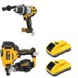 DeWalt DCN45RNB Roofing Nailer W/ DCB2104-2 POWERPACK 4Ah 2-Pack and DCD1007B Hammer Drill