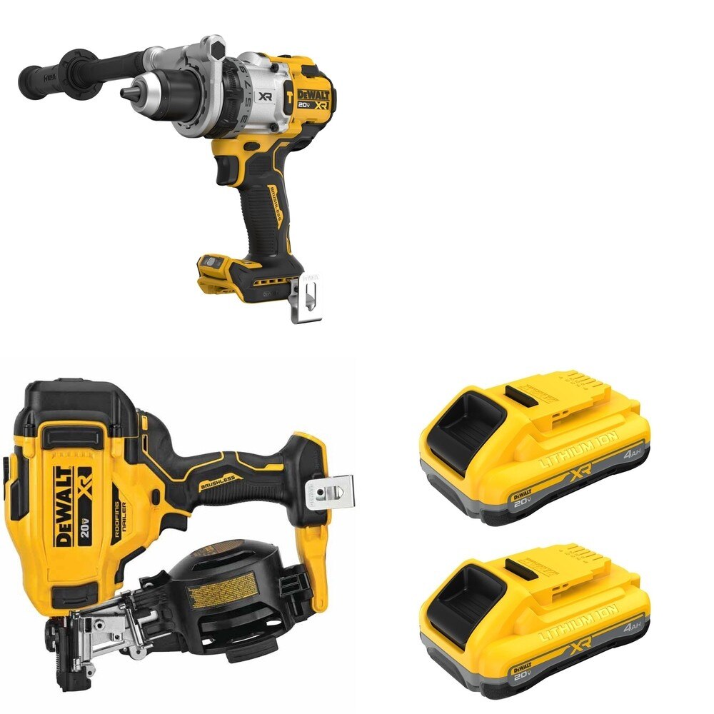 DeWalt DCN45RNB Roofing Nailer W/ DCB2104-2 POWERPACK 4Ah 2-Pack and DCD1007B Hammer Drill
