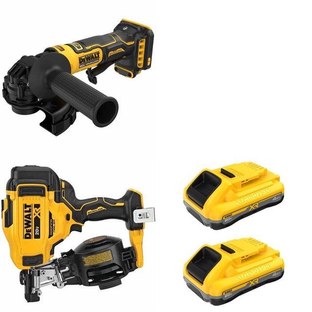 DeWalt DCN45RNB Roofing Nailer W/ DCB2104-2 POWERPACK 4Ah 2-Pack and DCG402B Angle Grinder