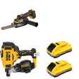 DeWalt DCN45RNB Roofing Nailer W/ DCB2104-2 POWERPACK 4Ah 2-Pack and DCM200B Bandfile Sander