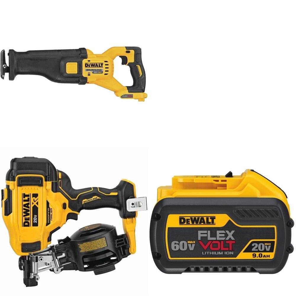 DeWalt DCN45RNB Roofing Nailer W/ DCS389B 60V Recip Saw and DCB609 FLEXVOLT 9.0Ah Battery