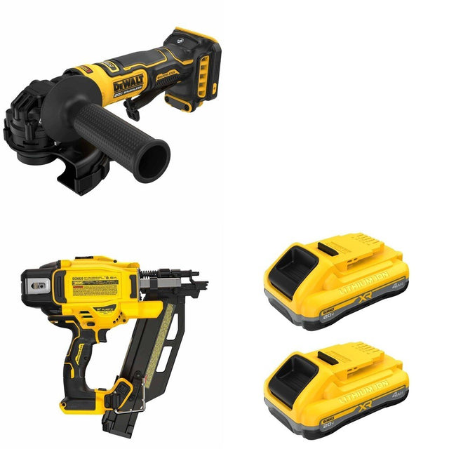 DeWalt DCN920B 20V MAX XR 21-Degree Framing Nailer W/ DCB2104-2 and DCG402B Angle Grinder
