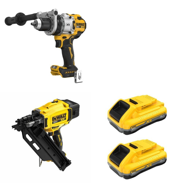 DeWalt DCN930B 20V MAX XR 30-Degree Framing Nailer W/ DCB2104-2 and DCD1007B Hammer Drill