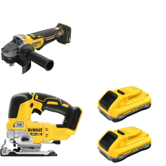 DeWalt DCG410B Angle Grinder W/ DCB2104-2 POWERPACK 4Ah 2-Pack and DCS334B Jig Saw