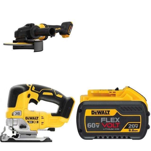 DeWalt DCG440B 60V MAX 7 in. Grinder W/ DCB609 FLEXVOLT 9.0Ah Battery and DCS334B Jig Saw
