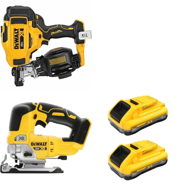 DeWalt DCN45RNB Roofing Nailer W/ DCB2104-2 POWERPACK 4Ah 2-Pack and DCS334B Jig Saw