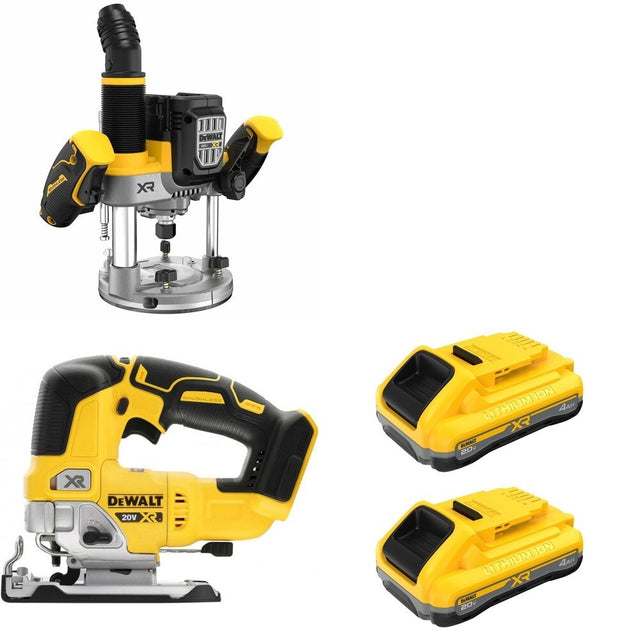 DeWalt DCW620B Plunge Router W/ DCB2104-2 POWERPACK 4Ah 2-Pack and DCS334B Jig Saw