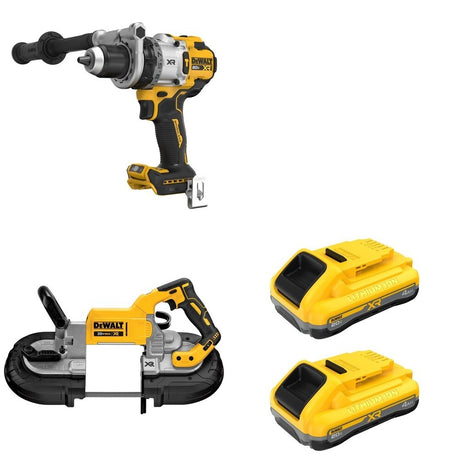 DeWalt DCS374B Deep Cut Band Saw W/ DCB2104-2 POWERPACK 4Ah 2-Pack and DCD1007B Hammer Drill