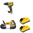 DeWalt DCS374B Deep Cut Band Saw W/ DCB2104-2 POWERPACK 4Ah 2-Pack and DCD806B Hammer Drill