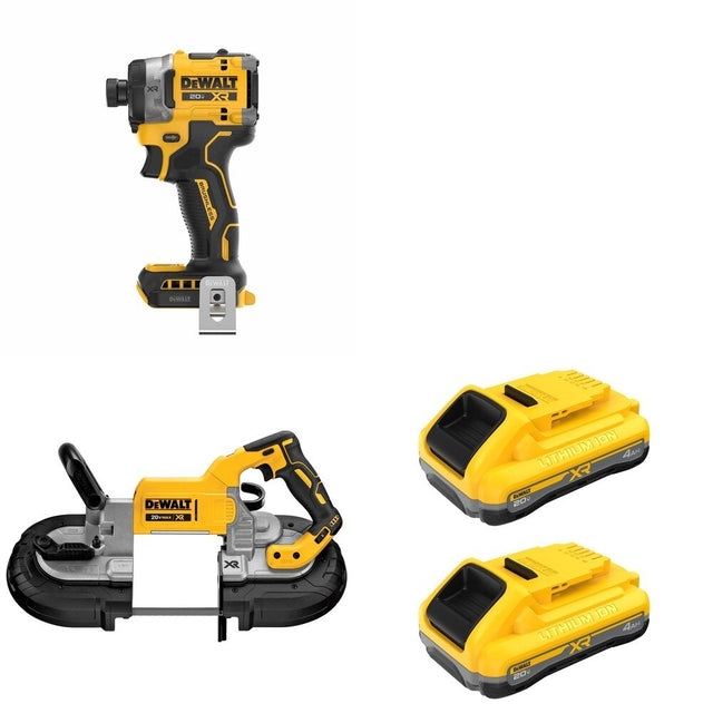 DeWalt DCS374B Deep Cut Band Saw W/ DCB2104-2 POWERPACK 4Ah 2-Pack and DCF860B Impact Driver