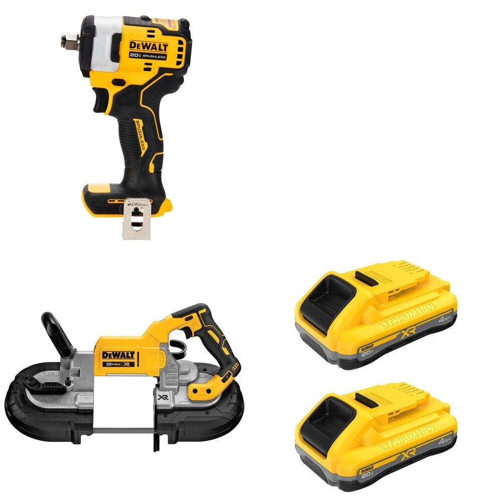 DeWalt DCS374B Deep Cut Band Saw W/ DCB2104-2 POWERPACK 4Ah 2-Pack and DCF911B Impact Wrench