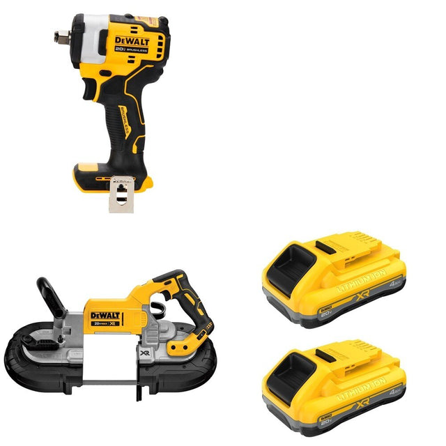 DeWalt DCS374B Deep Cut Band Saw W/ DCB2104-2 POWERPACK 4Ah 2-Pack and DCF911B Impact Wrench