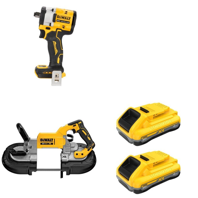DeWalt DCS374B Deep Cut Band Saw W/ DCB2104-2 POWERPACK 4Ah 2-Pack and DCF921B Impact Wrench