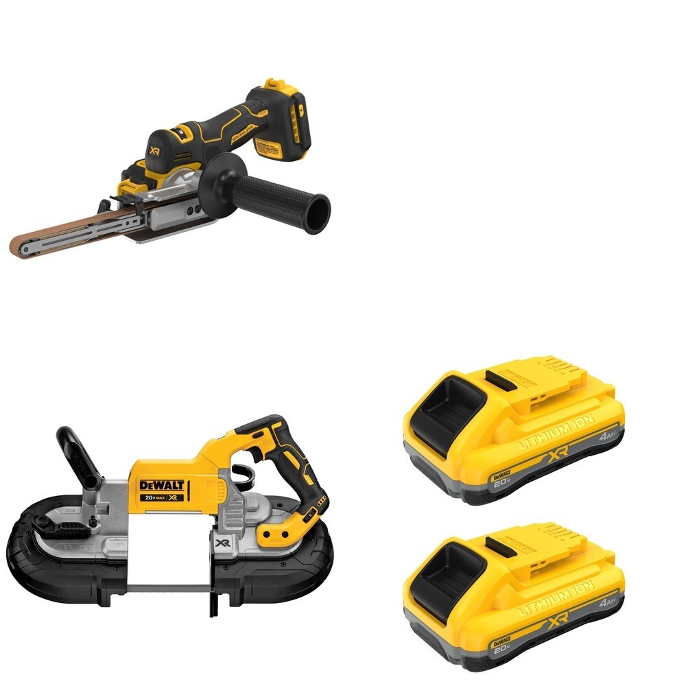DeWalt DCS374B Deep Cut Band Saw W/ DCB2104-2 POWERPACK 4Ah 2-Pack and DCM200B Bandfile Sander