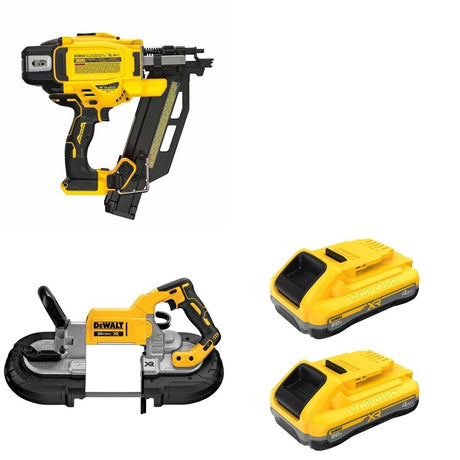 DeWalt DCN920B 20V MAX XR 21-Degree Framing Nailer W/ DCS374B Deep Cut Band Saw and DCB2104-2