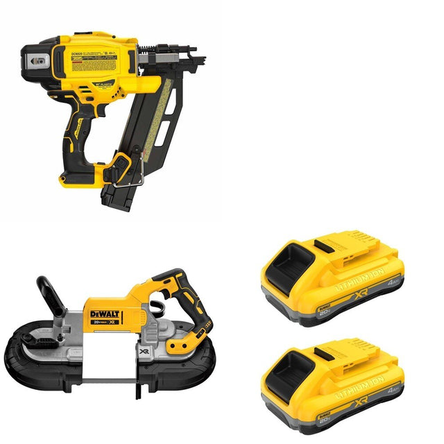 DeWalt DCN920B 20V MAX XR 21-Degree Framing Nailer W/ DCS374B Deep Cut Band Saw and DCB2104-2